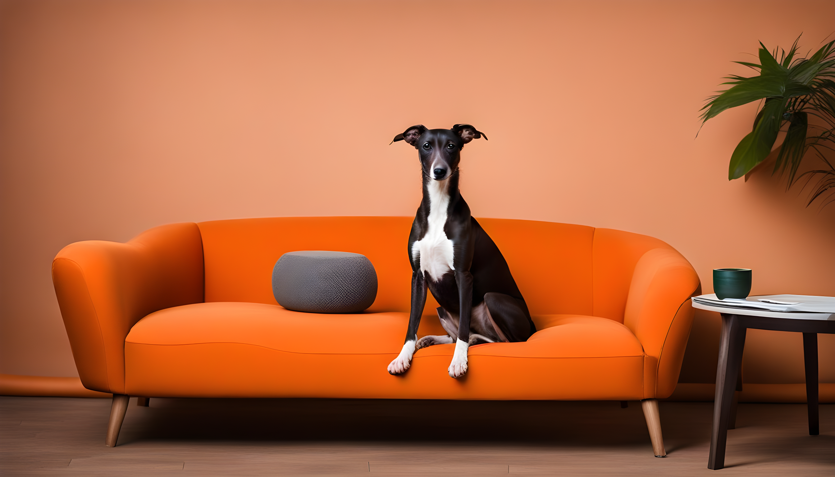 ai black and white whippet on orange sofa