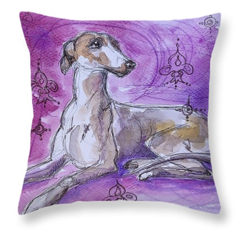 whippet in purple pillow