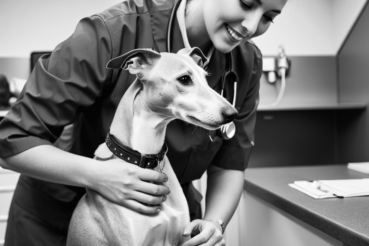 whippet at the vet black and white