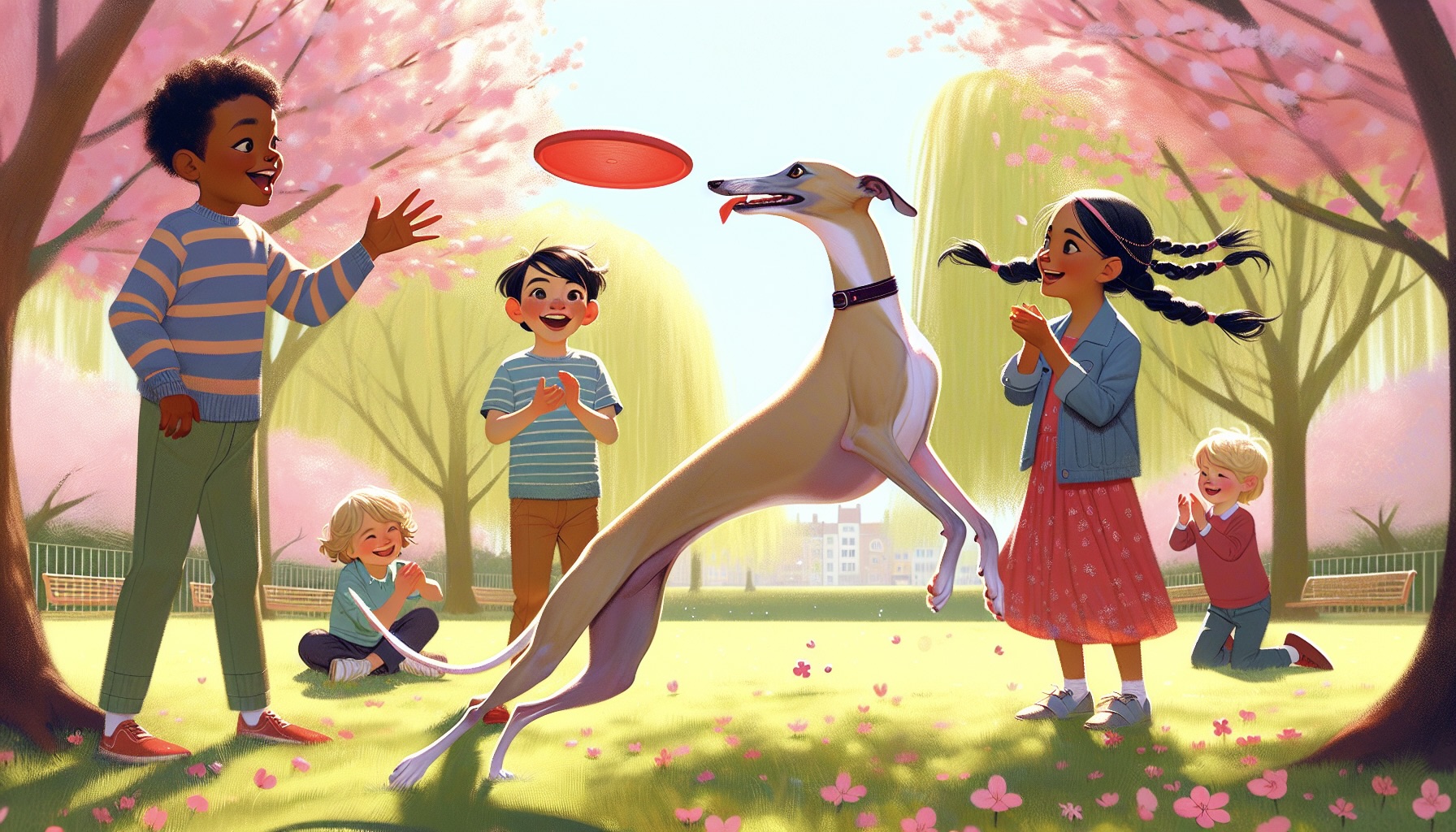 whippet with children cartoon