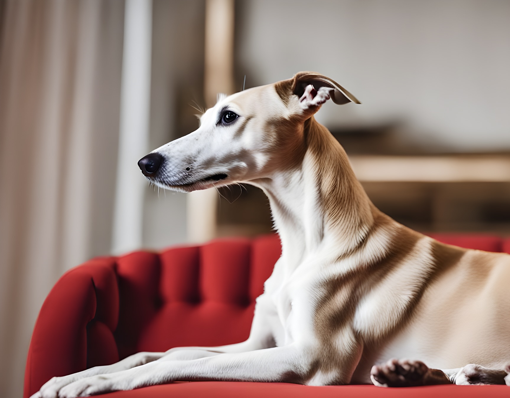 ai cream whippet on red sofa