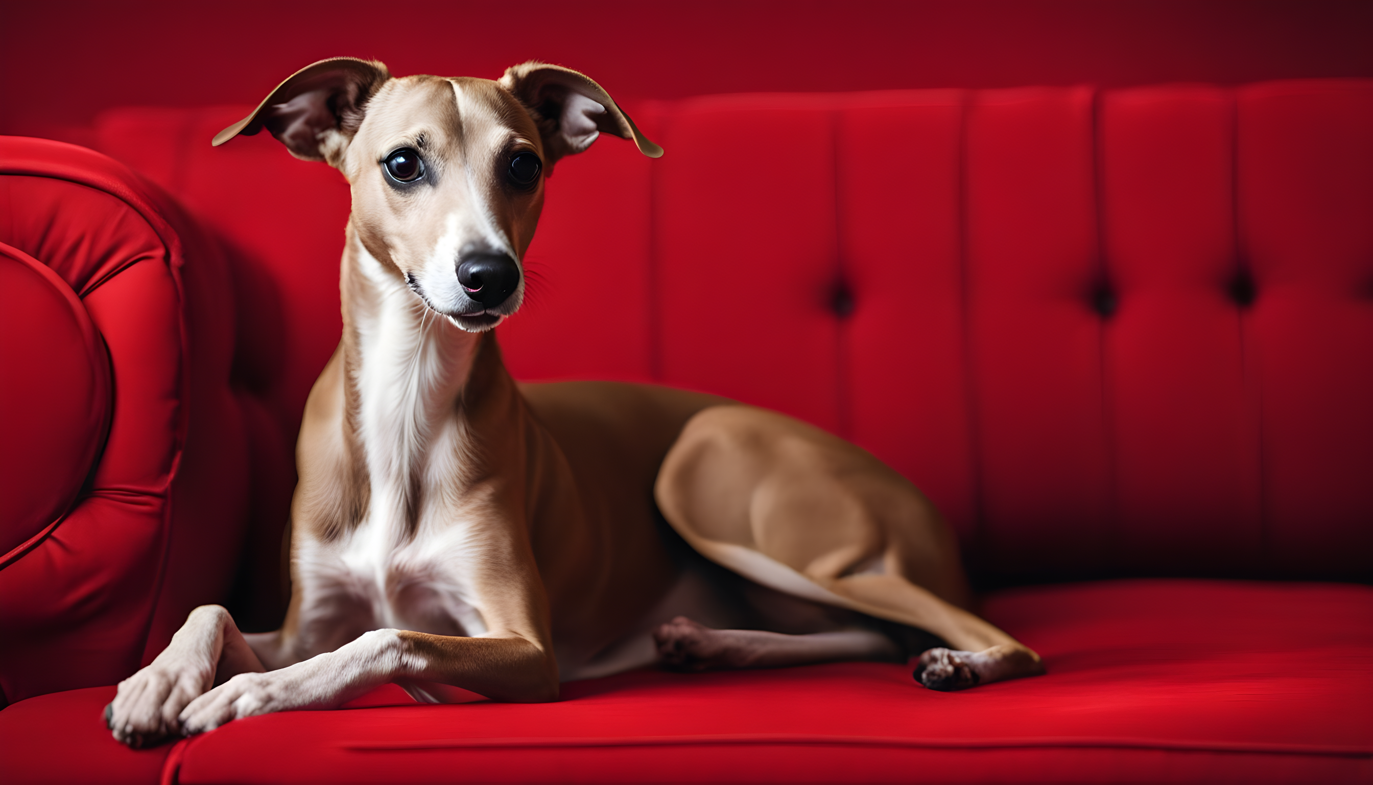 ai fawn whippet on red sofa