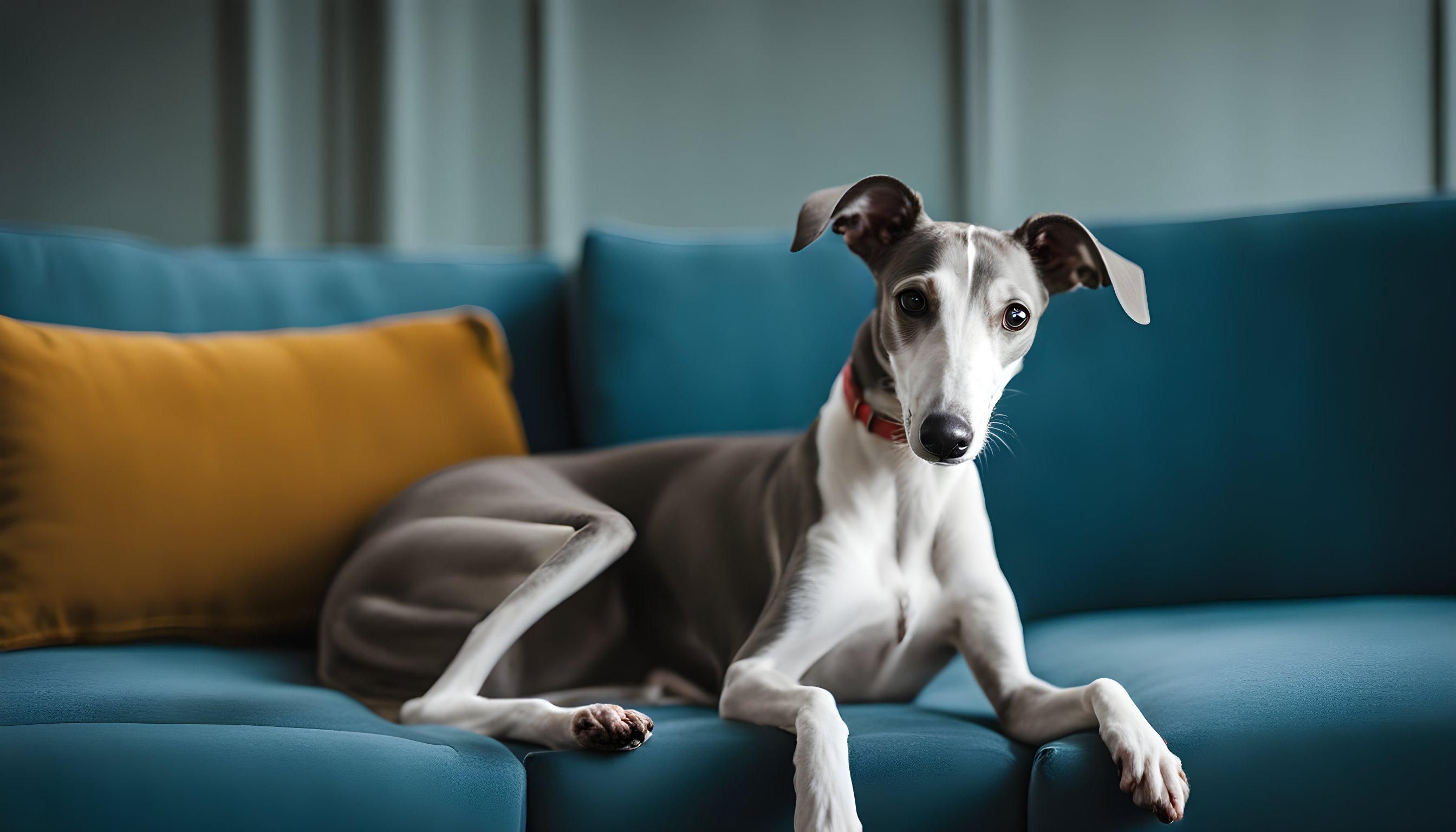 ai blue whippet on blue sofa