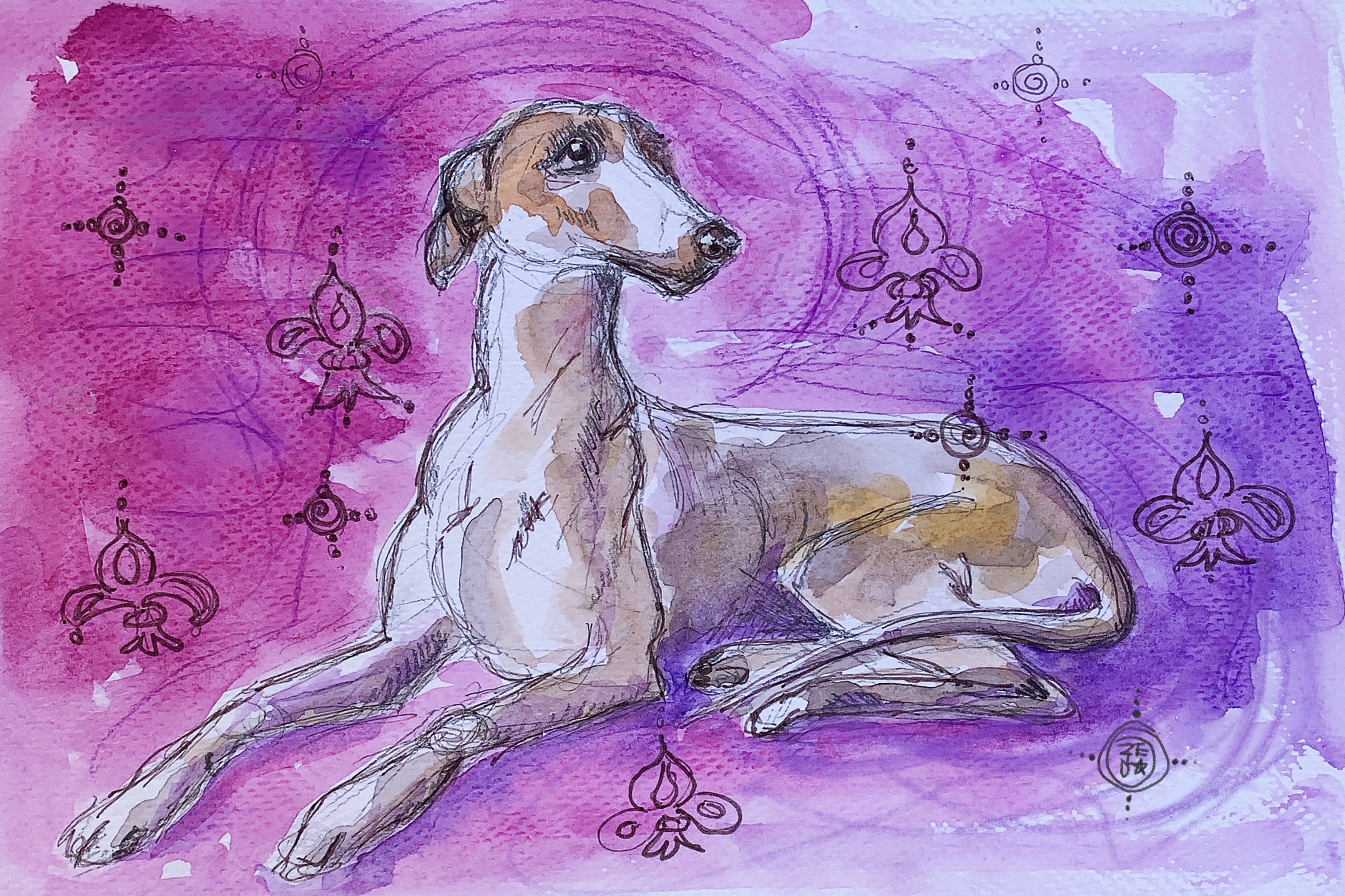 purple whippet watercolour pixels